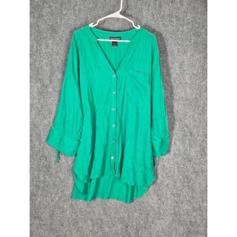 Womens 22 Button Up Tunic Green Rayon Linen High Low Ashley Stewart
